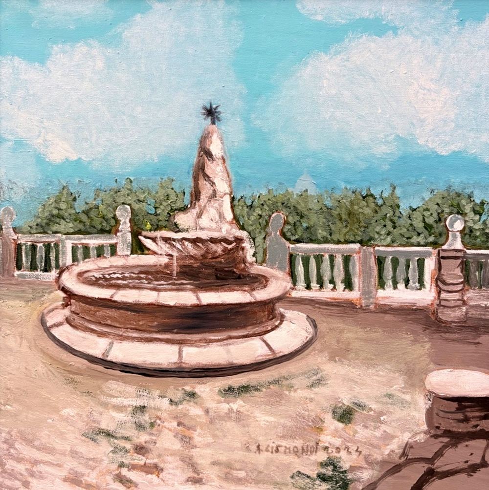 Antica fontana Clementina da Roma sparita, olio su tela, 50×50 cm, 2024