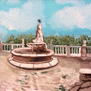 Antica fontana Clementina da Roma sparita, olio su tela, 50×50 cm, 2024