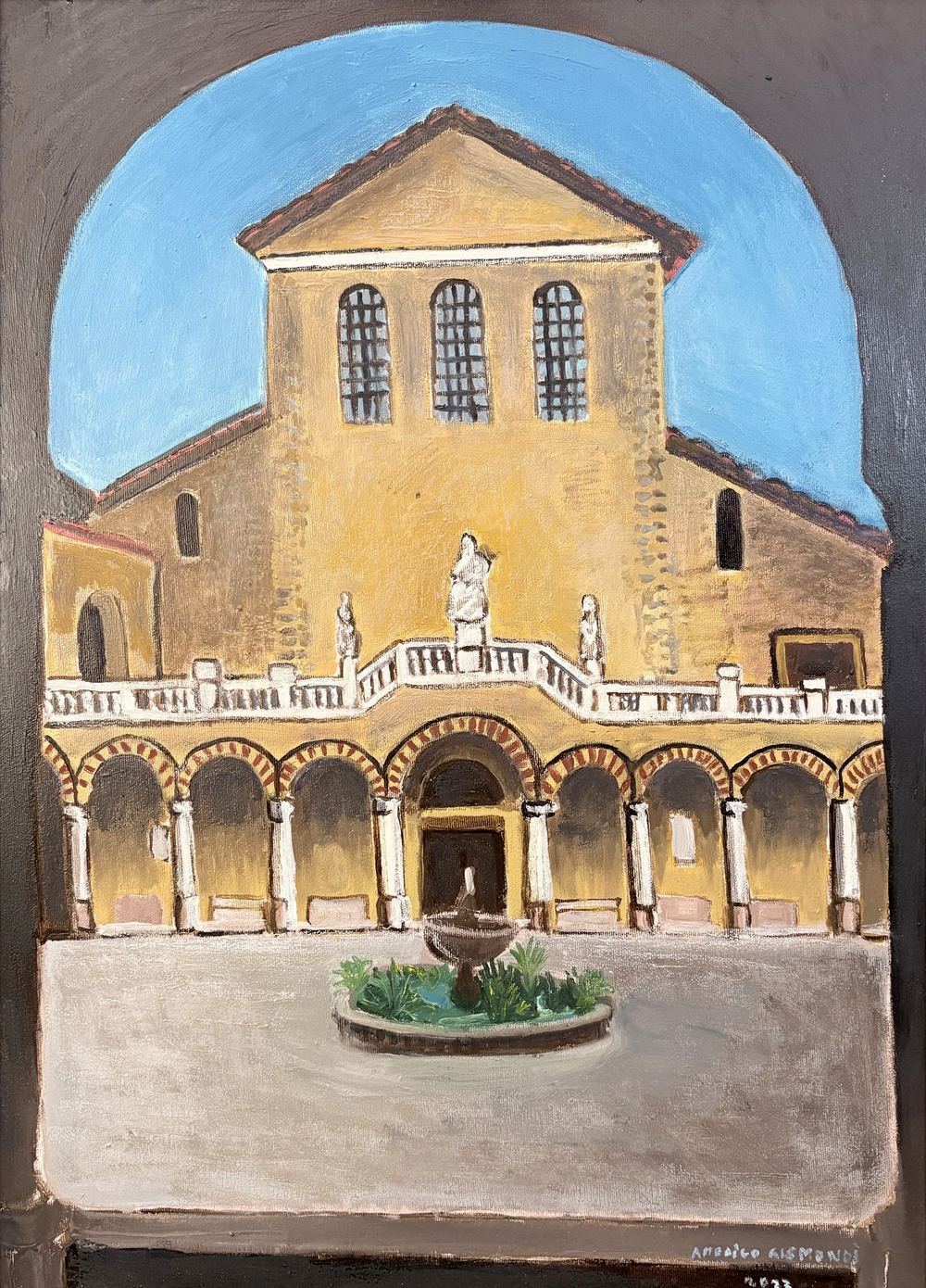 Basilica con portico e fontana, olio su tela, 70×50 cm, 2022