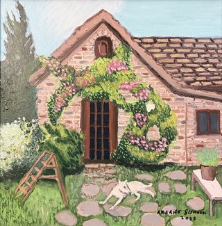 Casa con cane, olio su tela, 40×40 cm, 2025