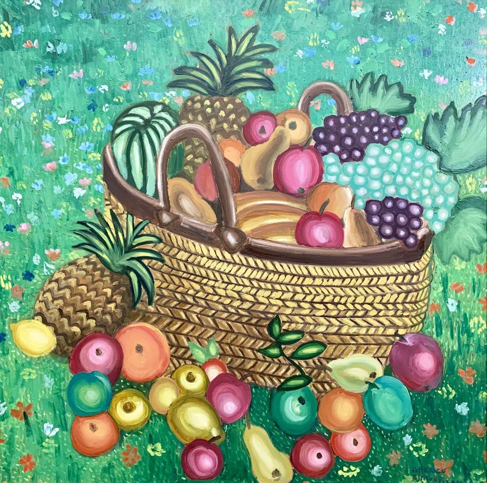 Cesto di frutta su prato fiorito, olio su tela, 80×80 cm, 2012