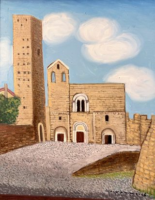 Chiesa di Tarquinia, olio su tela, 50×40 cm, 2026