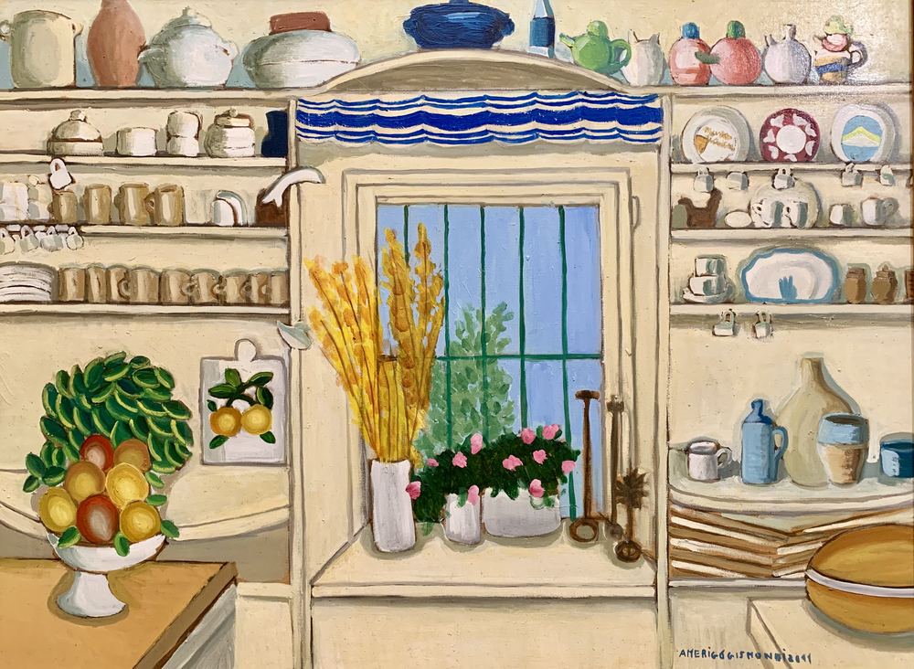Cucina con finestra fiorita, olio su tela, 60×80 cm, 2011