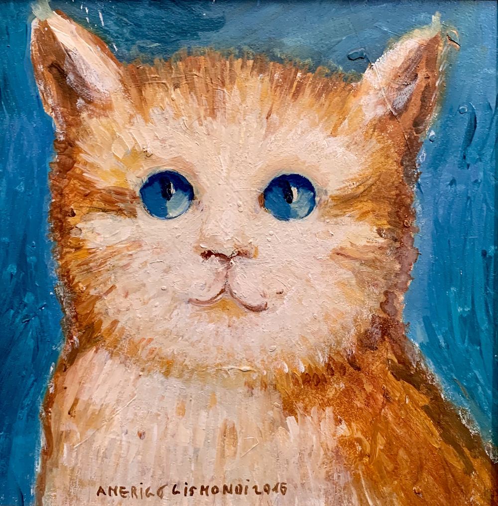 Gattino rosso occhi azzurri, olio su tela, 20×20 cm, 2016