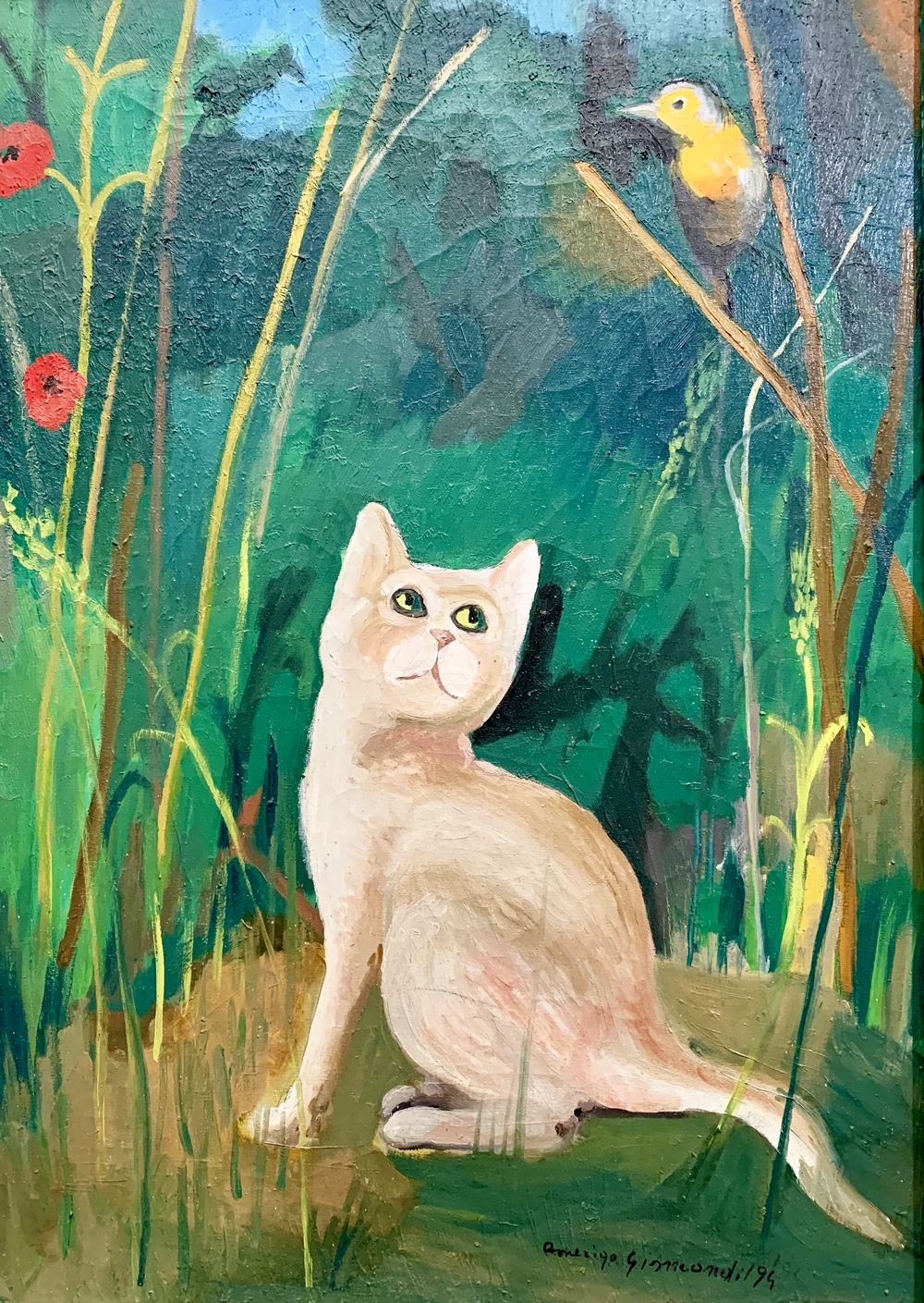 Gatto con uccellino, olio su tela, 70×50 cm, 1994