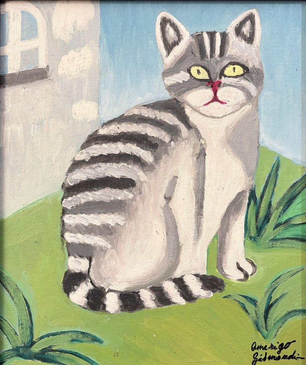 Gatto grigio tigrato, olio su tela, 30×25 cm, 2024