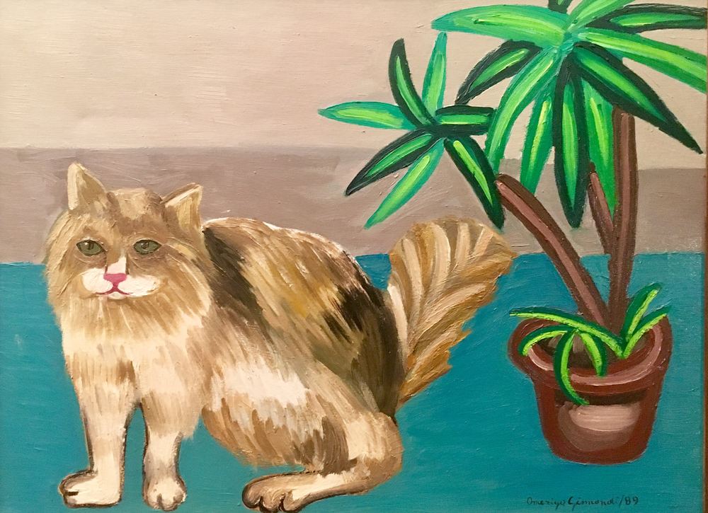 Gatto soriano con pianta verde, olio su tela, 60×80 cm, 1989