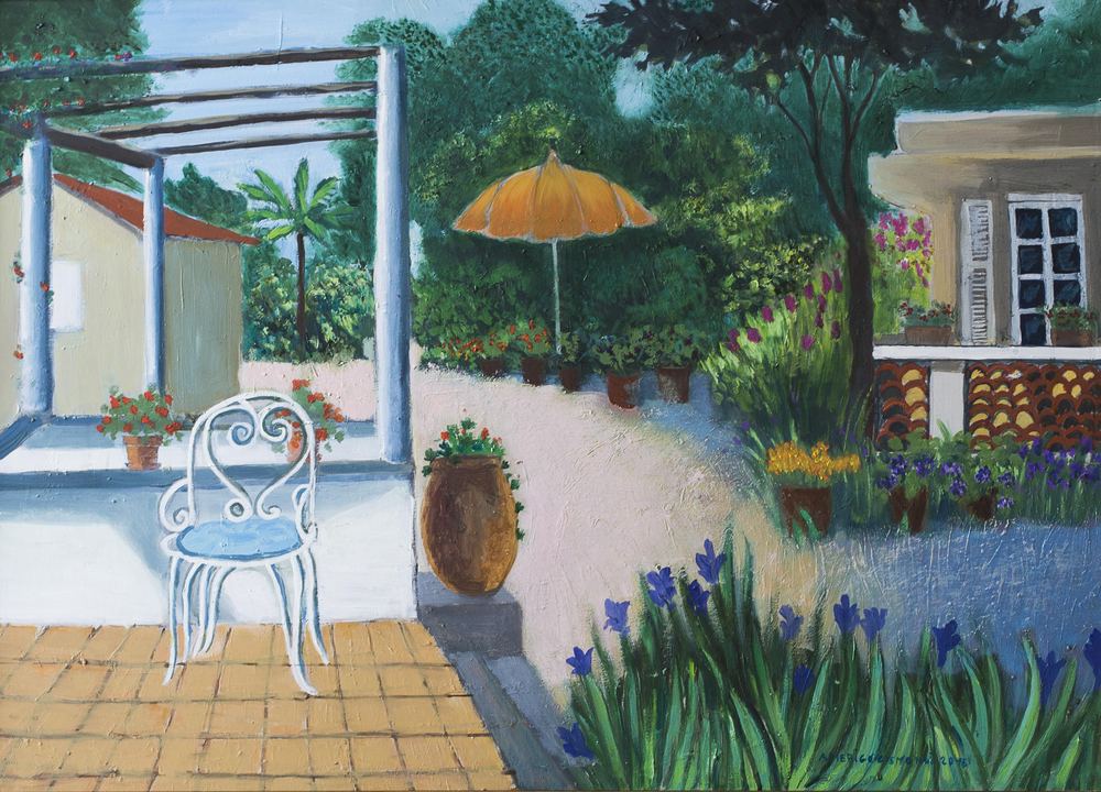 Giardino con ombrellone arancio, olio su tela, 2016