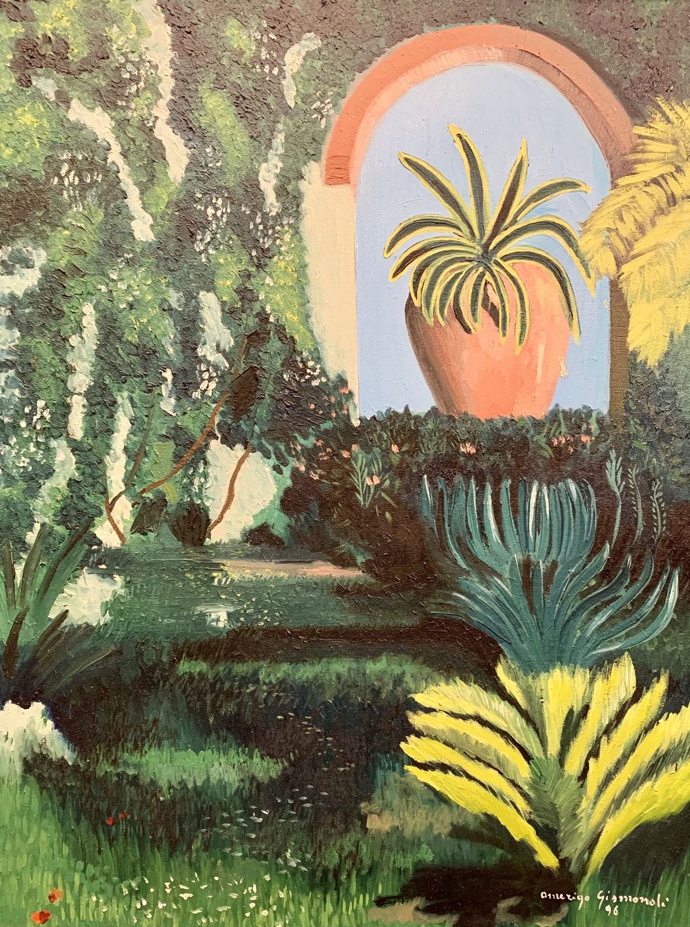 Giardino con orcio sotto l'arco, olio su tela, 80×60 cm, 1996