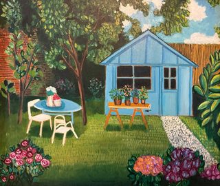Il capanno degli attrezzi, olio su tela, 60×70 cm, 2024