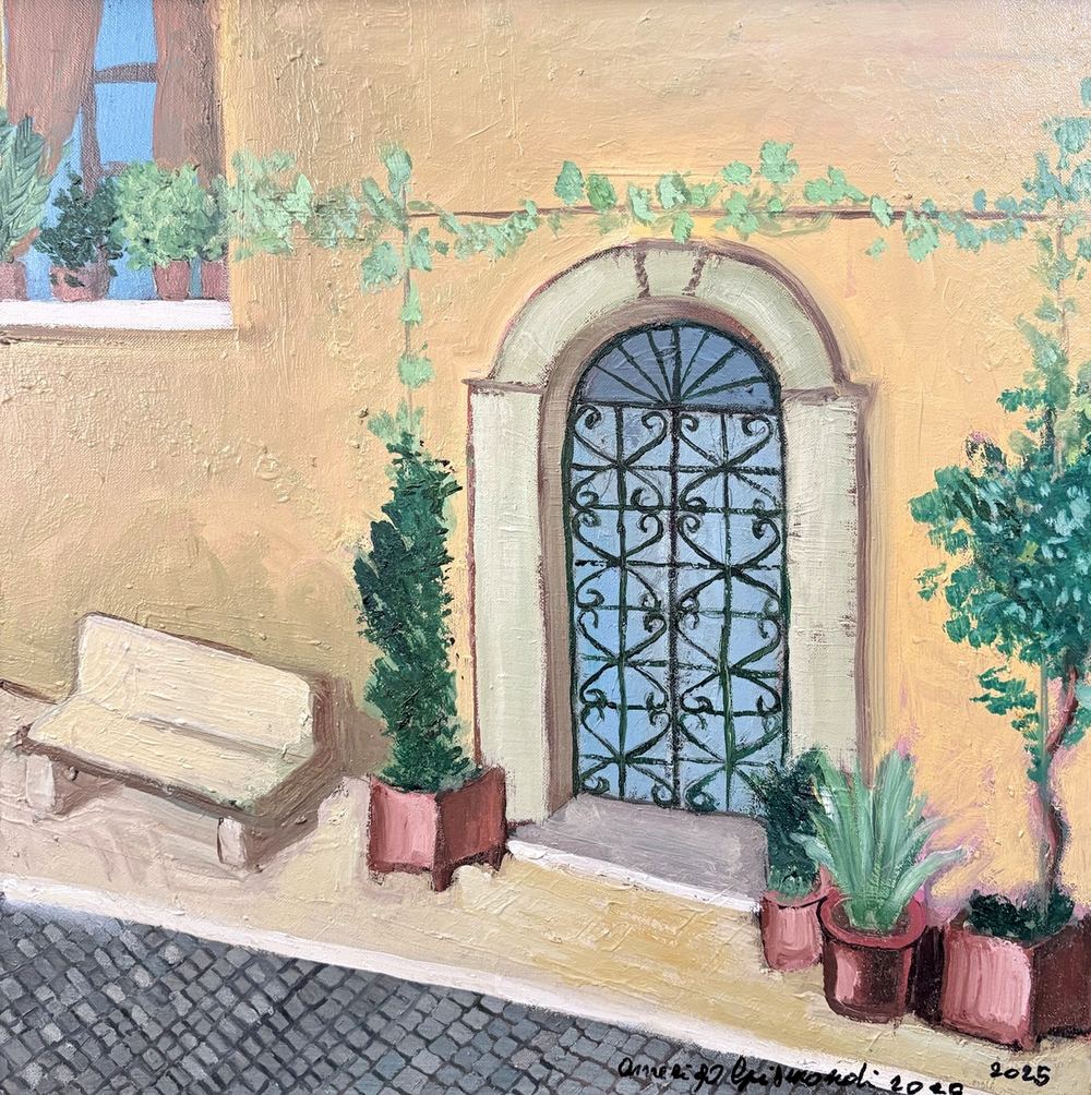 Il portoncino in ferro, olio su tela, 40×40 cm, 2025