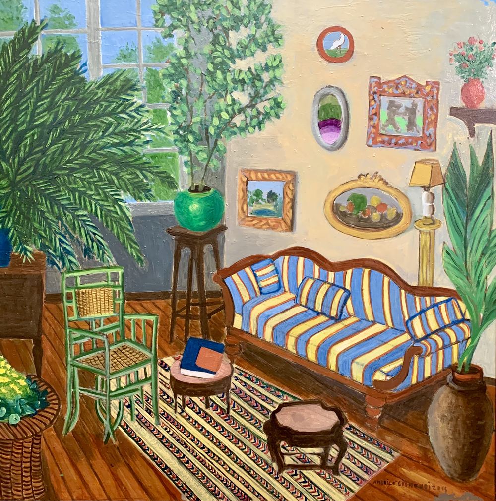 Interno con divano a righe, olio su tela, 60×60 cm, 2015