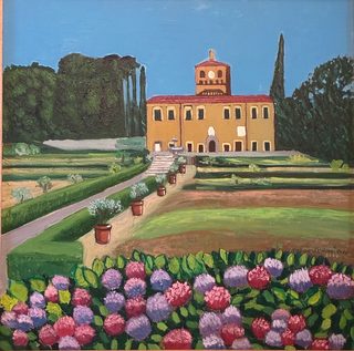 La casa delle Ortensie, olio su tela, 80×80 cm, 2020