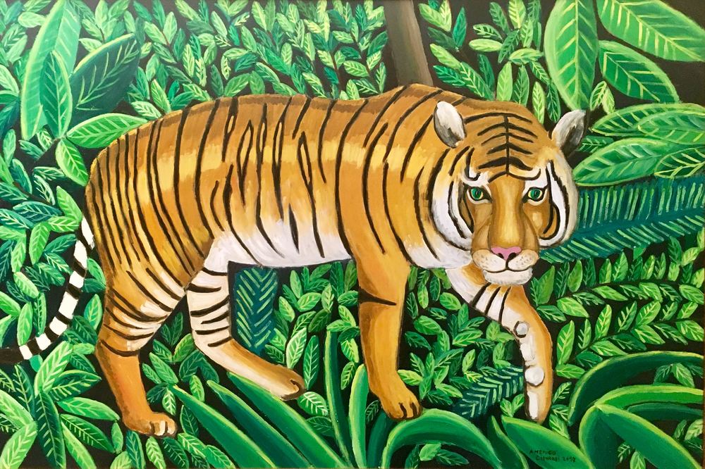 La tigre nel verde, olio su tela, 80×120 cm, 2017