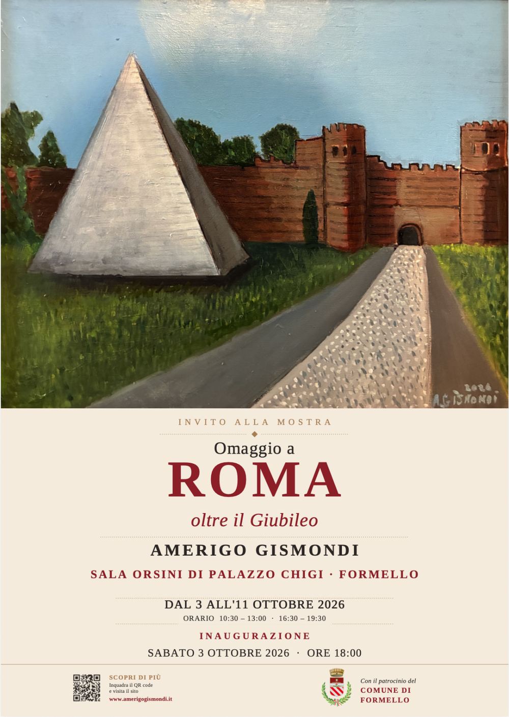 Locandina della mostra Omaggio a Roma oltre il Giubileo: Sala Orsini di Palazzo Chigi, Formello, dal 3 all'11 ottobre 2026, orario 10:30–13:00 · 16:30–19:30