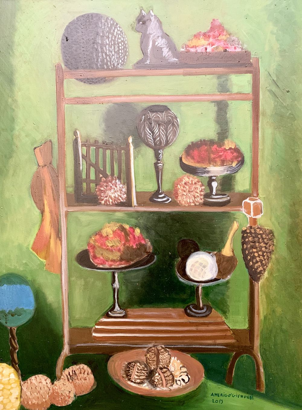 Mobile a tre ripiani con oggettistica, olio su tela, 80×60 cm, 2013