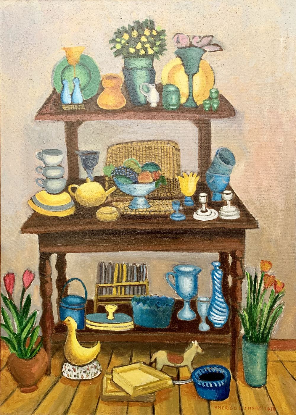 Mobile in legno con oggettistica varia, olio su tela, 70×50 cm, 2014