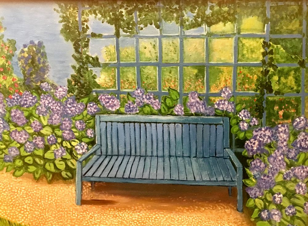 Panchina azzurra con ortensie, olio su tela, 60×80 cm, 2012