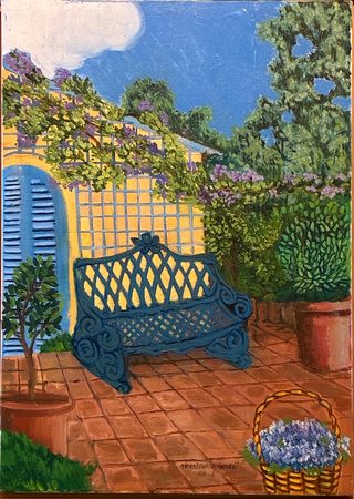Panchina blu nel glicine, olio su tela, 70×50 cm, 2025