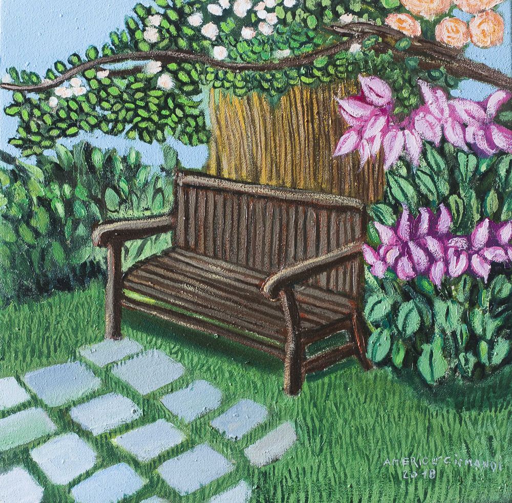 Panchina in legno tra i fiori, olio su tela, 2018