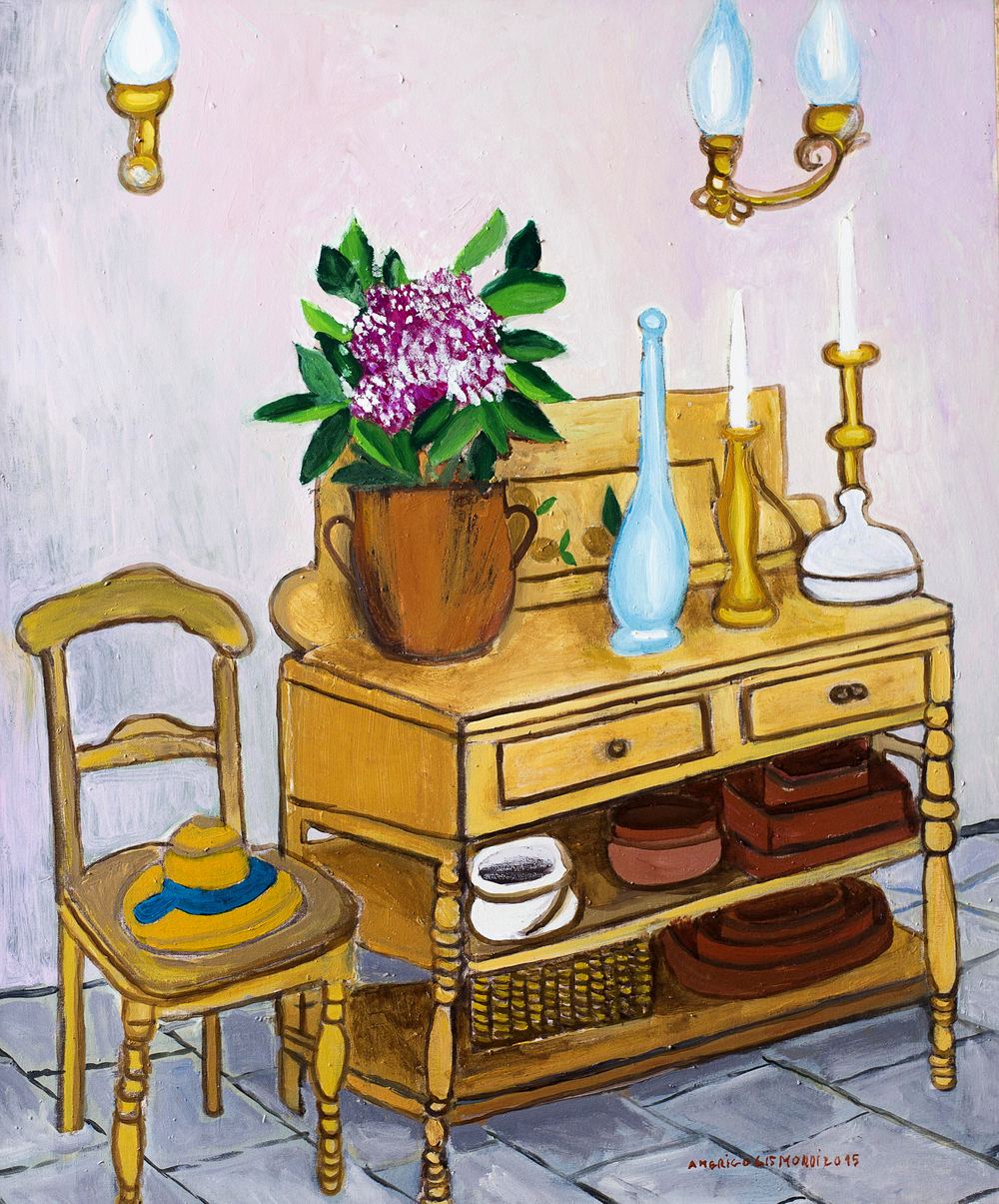 Piccola consolle con pianta fiorita, olio su tela, 2015