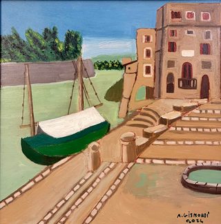 Porto di Ripetta da Roma sparita, olio su tela, 50×50 cm, 2024