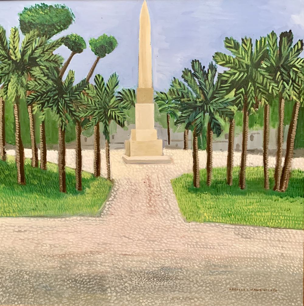 Roma - l'obelisco di Villa Torlonia, olio su tela, 60×60 cm, 2013