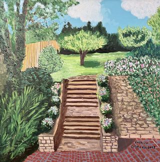 Scaletta per il giardino, olio su tela, 50×50 cm, 2025