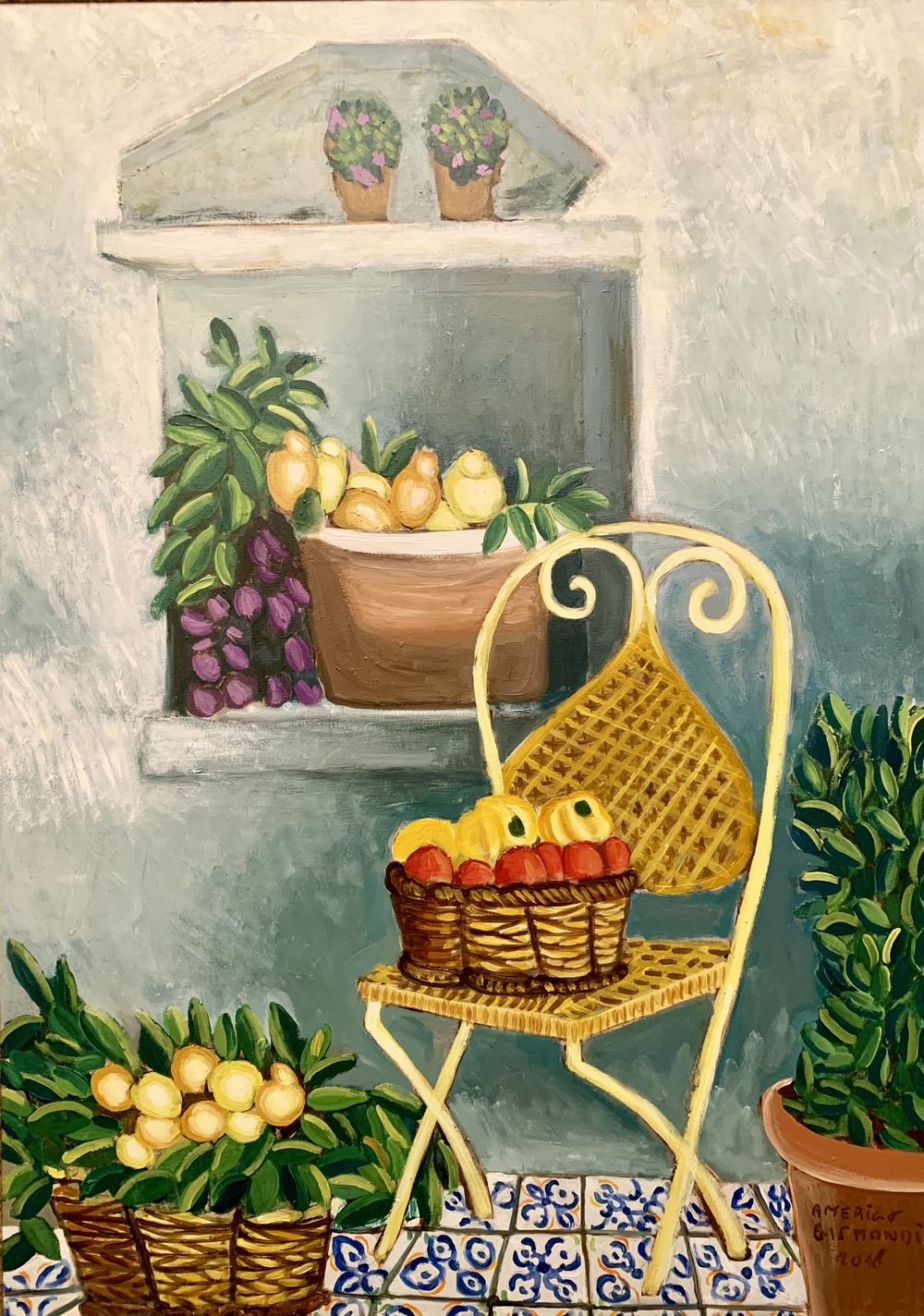 Sedia all'esterno con cesto, olio su tela, 70×50 cm, 2016