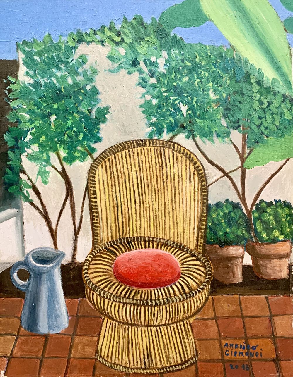 Sedia bambu' con cuscino rosso, olio su tela, 47×36 cm, 2015