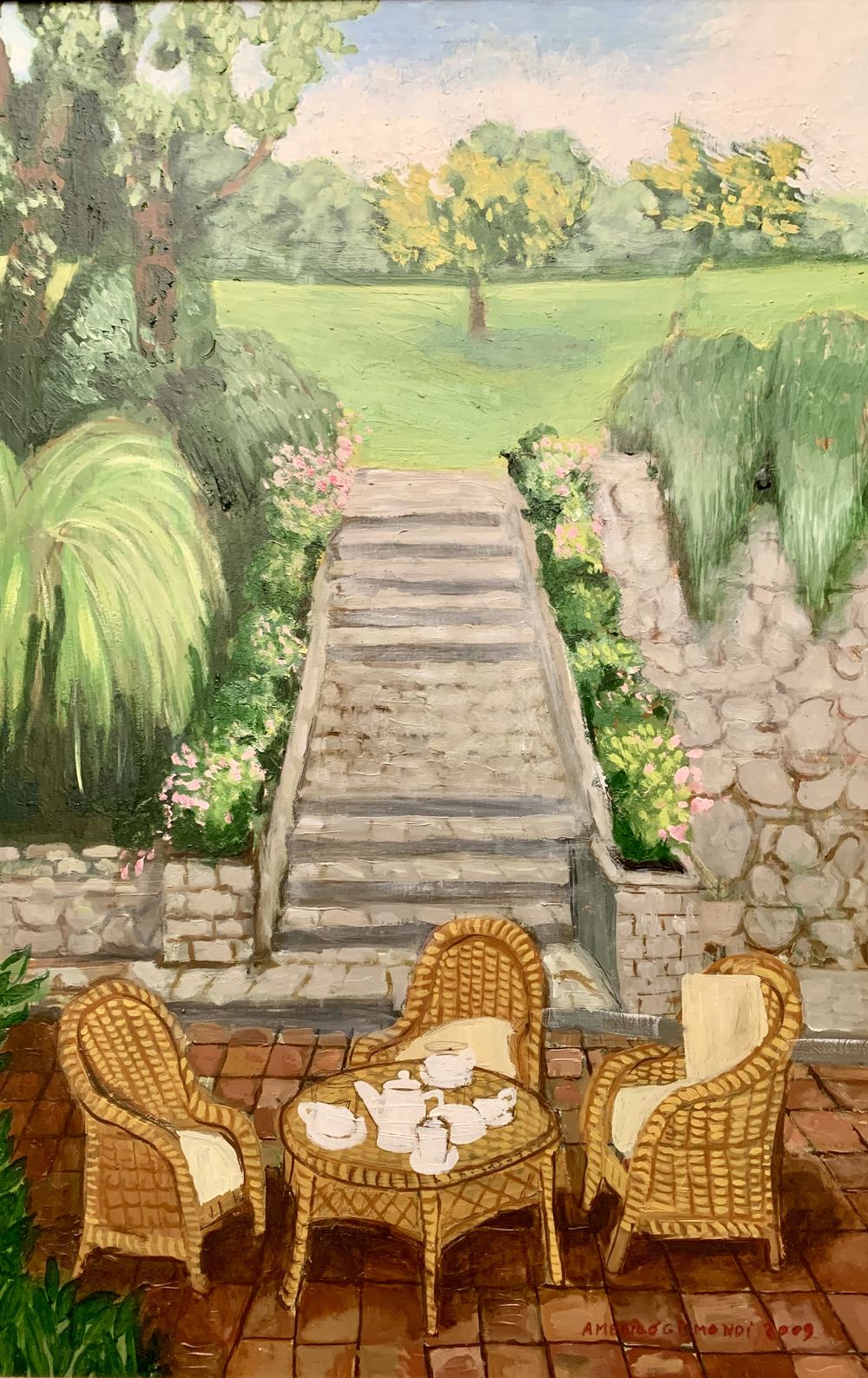 Tre poltroncine bambu' sotto la scala, olio su tela, 68×45 cm, 2009