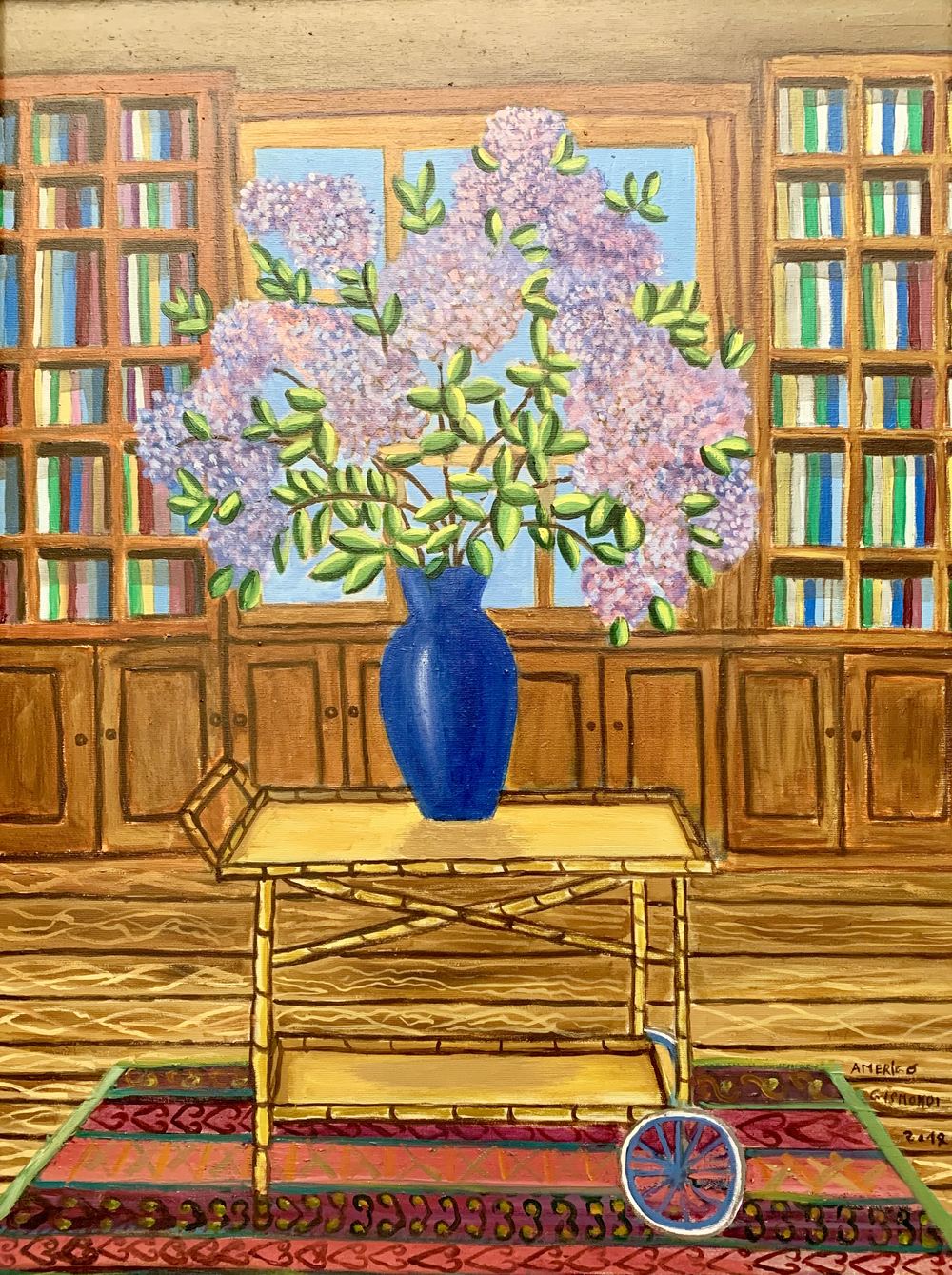 Vaso di fiori in biblioteca, olio su tela, 80×60 cm, 2017