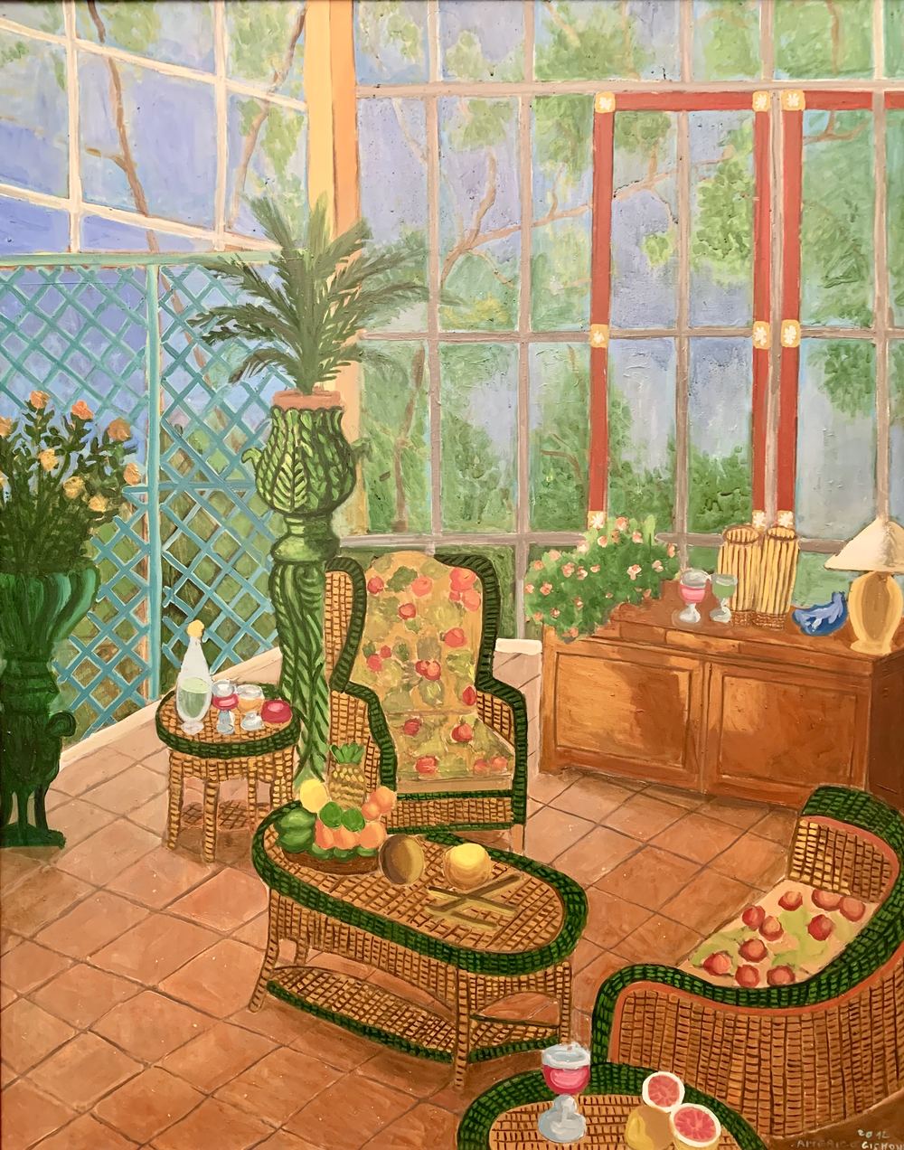 Veranda con salotto fiorito, olio su tela, 100×80 cm, 2012