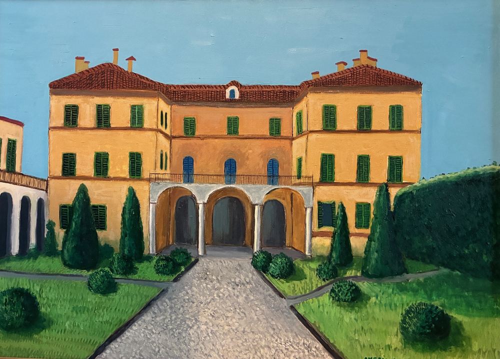 Villa con persiane verdi, olio su tela, 50×70 cm, 2025