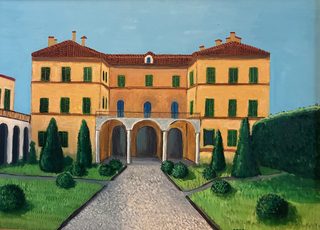 Villa con persiane verdi, olio su tela, 50×70 cm, 2025
